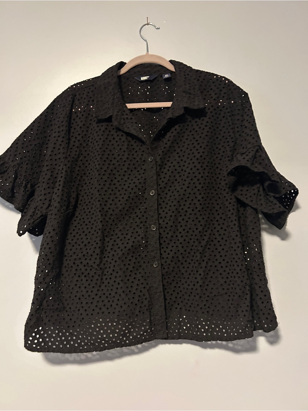 Lands' End Black Eyelet Button-Down Shirt 2XL